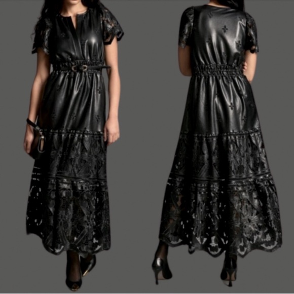NWT Anthropologie The Somerset Faux Leather Embroidered Cutwork Maxi Dress - Picture 1 of 7
